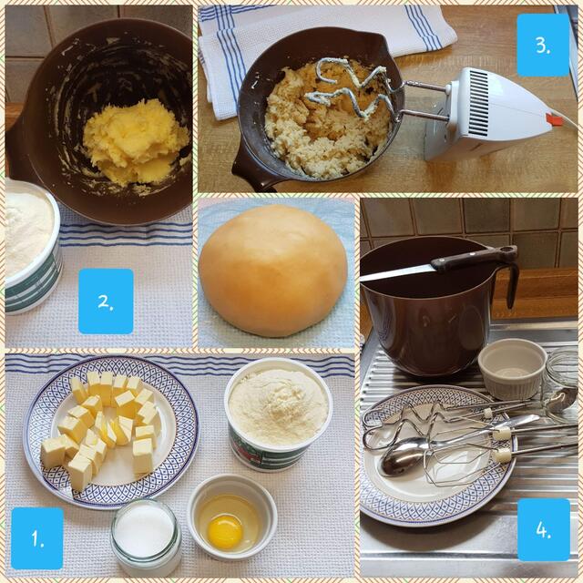 Collage zur Veranschaulichung der Herstellung eines Mürbeteiges. Dieser ist die Grundlage für meinen Käsekuchen und für viele Kekse. Mein gutes altes Handrührgerät ist mir dafür immer noch am liebsten.