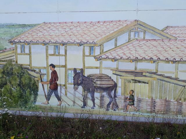 wie im Urlaub bei den alten Römern, an eine Fassade gemalt in Güglingen beim Mithräum
