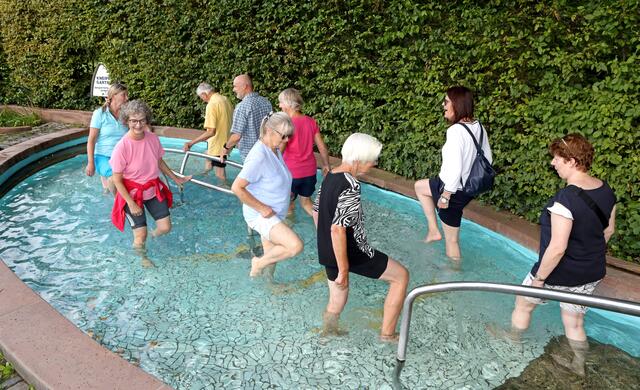 Im Storchengang durch das Wassertretbecken  im Heilbronner Wertwiesenpark ging es für die Gewinner der Lesersommeraktion "Das Kneippen richtig lernen". | Foto: Ralf Seidel