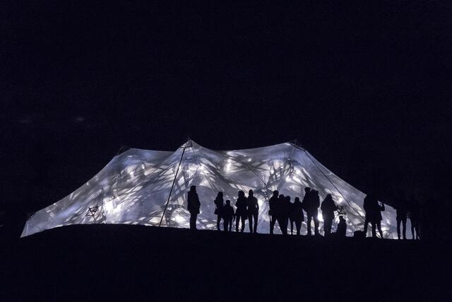 Bionischer Leichtbau-Pavillon BUGA bei Nacht
