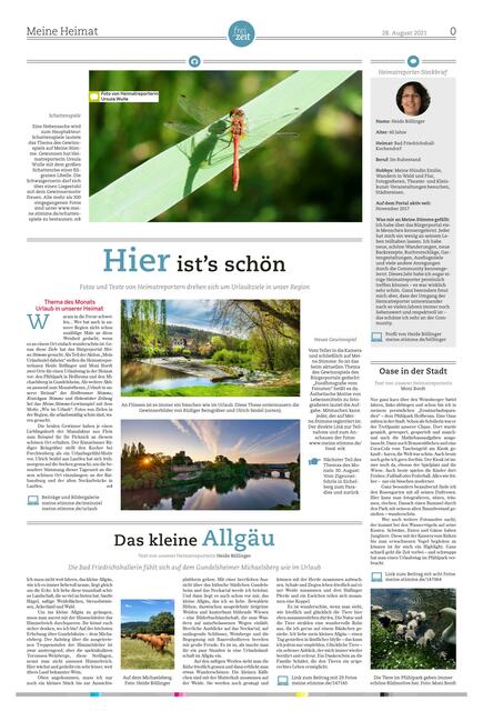 Tolle Bilder, tolle Texte, tolle Tipps: Die sind auf der Meine Heimat-Seite in der Zeitung am 28. August zu finden.