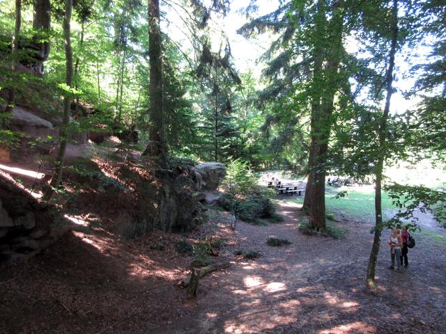 Schon die Felsen am Rastplatz Riesbergturm beeindrucken die Wanderer, zumal oben die Baumwurzeln über den Felsen zu schweben scheinen. Hier gibt es auch kleine Höhlen und man sieht, dass geklettert wird.