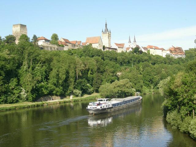 Blick auf den Neckar und Bad Wimpfen am Berg.