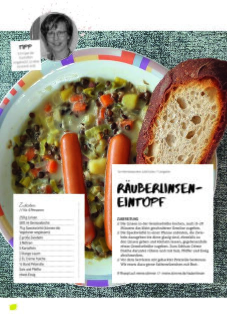 Ein paar Seiten des Hefts seien schon mal gezeigt. Das Symbol am unteren Seitenrand zeigt an, dass dieses Rezept auch als vegetarische Variante möglich ist.