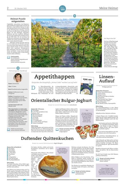 Eine anregende Seite: Zum Backen und Kochen und zum Natur entdecken bietet die Meine Heimat-Seite vom 30. Oktober.