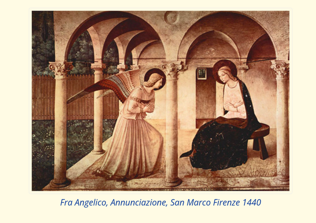 Verkündigung, Fresko aus der Frührenaissance (um 1440) von Fra Angelico im Kloster San Marco, Florenz // Der Engel verkündet der jungfräulichen Maria, dass sie Christus, den Sohn Gottes, empfangen und gebären wird. Sie solle ihn Jesus nennen. Maria antwortet: "Siehe, ich bin des Herrn Magd; mir geschehe, wie du gesagt hast." (Lukas 1, 26-38)  // Abbildung: Screenshotausschnitt von http://m.kunst-meditation.it