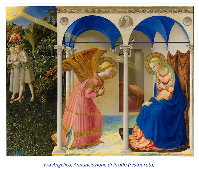 Restauriertes Altarbild von Fra Angelico (Giovanni da Fiesole), Anfang des 15. Jahrhunderts in Fiesole für das dortige Dominikanerkloster gemalt. Heute befindet es sich im Museo del Prado in Madrid. Maria schaut den Engel nicht an, denn sie kann ihn zwar innerlich, mit dem Herzen hören, aber nicht sehen. Der Sonnenstrahl symbolisiert die Empfängnis durch den Heiligen Geist. Auf der linken Seite ist die Vertreibung aus dem Paradies zu sehen.// Abbildung: Screenshotausschnitt von http://m.kunst-meditation.it