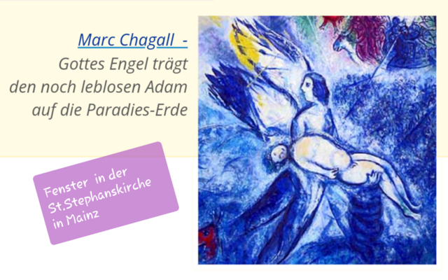 St. Stephan ist die einzige deutsche Kirche, für die der jüdische Künstler Marc Chagall (1887 - 1985) Fenster schuf. Durch die Buntverglasung fällt blaues Licht in den Kirchenraum von St. Stephan, und in diesem Licht bewegen sich scheinbar schwerelos nicht nur Engel, sondern auch andere biblische Gestalten. (Quelle: https://www.mainz.de/tourismus/sehenswertes/st.stephan.php: ) Abbildung: Screenshotausschnitt von http://m.kunst-meditation.it