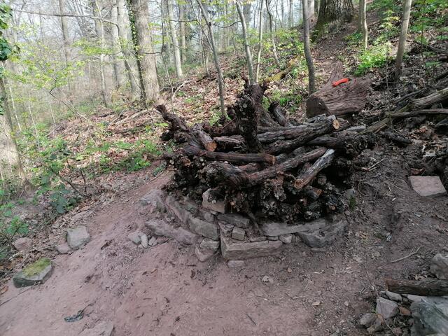 Der Künstler und seine Frau haben Bilder mitgebracht, bereits der Bau des Fundamentes machte einige Mühe. Die Steine mussten unterhalb im Wald zusammengesucht und heraufgetragen werden. | Foto: Klaus Waldbüßer