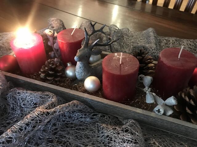 Adventsgesteck ohne Tannengrün wegen Jerry, unserem Kater
