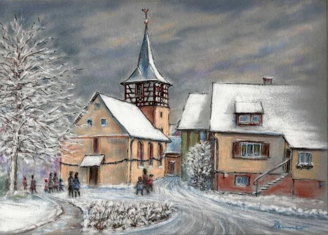 Die Leonhardskirche in Weinsberg-Gellmersbach. Die Ev. Kirche ist mit einer historischen Leonhardskette aus 392 Gliedern umgürtet.