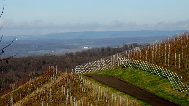 Kaum zurück auf dem Weg, eröffnet sich die Aussicht nach Höchstberg zur Kirche St. Maria, Pfarr- und Wallfahrtskirche Unserer lieben Frau im Nussbaum