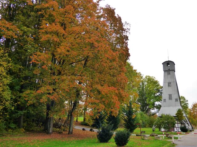 Der Solebohrturm bei den historischen Solebohranlagen - herbstlich bunt eingerahmt.