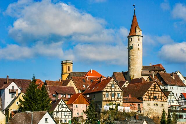 Kirchberg an der Jagst. Unschwer zu erkennen an dem hohen Schlossturm