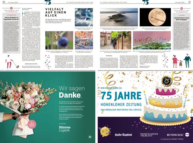 Diese Doppelseite zu meine.stimme, Hohenloher Heimatreportern und ihren Fotos ist am 29. Januar in der Beilage zu 75 Jahre Hohenloher Zeitung zu finden.