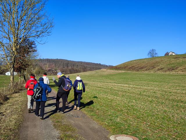 Wolkenloser Himmel empfing die Wanderschar mit frostigen Temperaturen. Ein großer Graureiher auf der Wiese und der Rotmilan am Horizont. Ein toller Start in den Tag. | Foto: Aurelia Kling