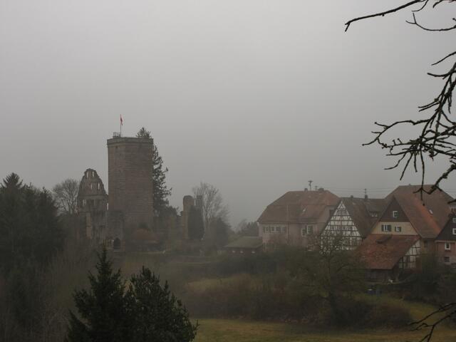 Ein nebliger Blick aufs Städtle mit der Burgruine