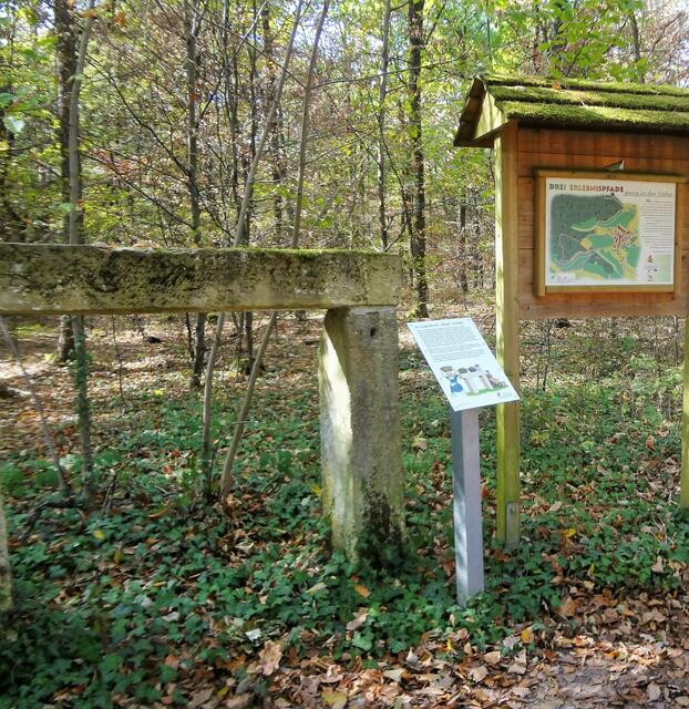 Dieser Ruhestein findet sich im Wald in der Nähe von Drei-Eichen.