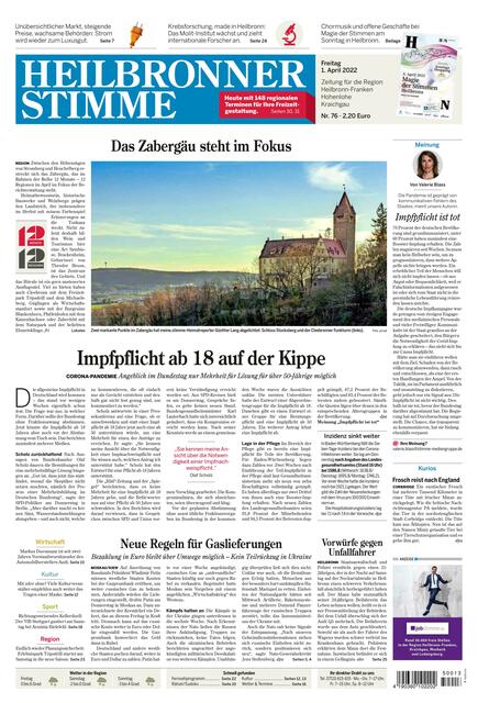 Als Gewinner der Region Zabergäu ziert das Foto von Heimatreporter Günther Lang die Titelseite der Tageszeitung am 1. April.