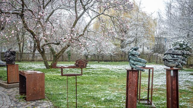 Schnee, Magnolien und Kunstwerke im Garten von G. Stilling