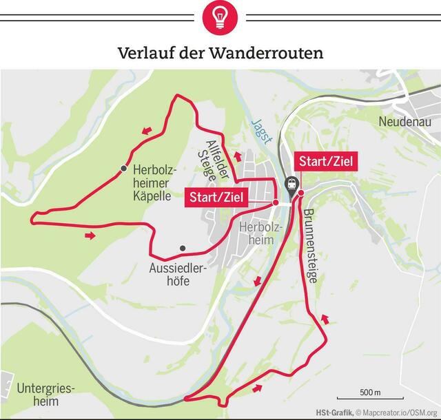Die Wanderschleifen mit je circa vier Kilometern starten in Herbolzheim.