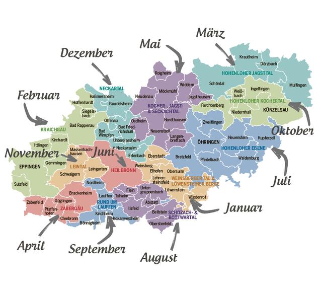 Der Karte der Aktion "12 Monate - 12 Regionen" ist zu entnehmen, wann welche Region dran ist.