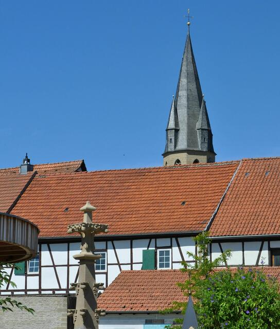 Blick von der Laga auf den Kirchturm der katholischen Kirche. | Foto: Daniela Somers