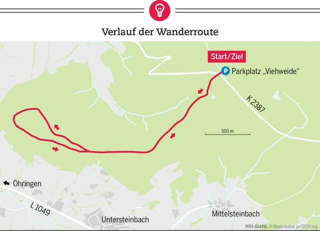 Der Verlauf der Rundwanderung 1 ab dem Parkplatz Viehweide. | Foto: Redaktionsgrafik