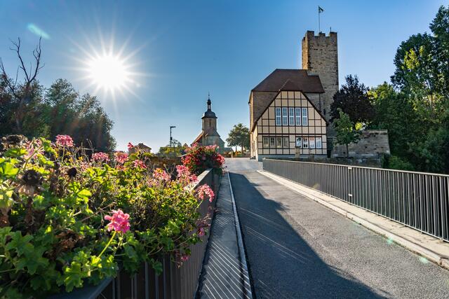 Rathaus (ehem. Burg) und Regiswindiskirche in Lauffen