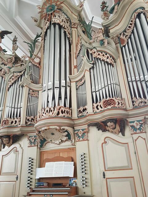 Eine wunderbare Orgel mit zwei Manualen (Tastenreihen) und prachtvollem Prospekt (äußeres Erscheinungsbild der Orgel) , der nur einen kleinen Teil der 1900 Orgelpfeifen zeigt. Das Gehäuse im Rokoko-Stil wurde 1768  vom Künzelsauer Bildschnitzer Johann Andreas Sommer (1716–1776) gefertigt, in Zusammenarbeit mit dem Orgelbauer und Instrumentenmacher Johann Adam Ehrlich (1703-1784) aus Bad Wimpfen.