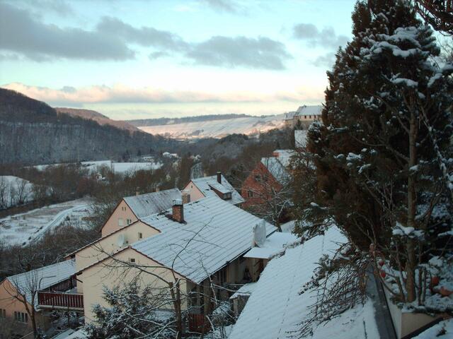 Blick auf das verschneite Nagelsberg mit Schloss