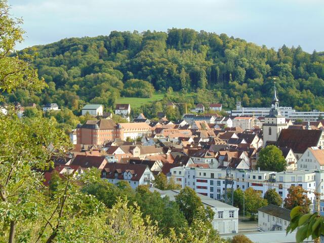 Blick von oben auf Künzelsau: rechts die Johanneskirche, links Schloss Bartenau
