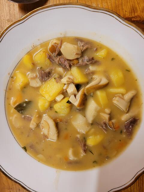 Ebenso traumhaft gut schmeckt eine Steinpilzsuppe mit gekochtem Rehfleisch, Kartoffeln, wenige Möhren und Peterling.