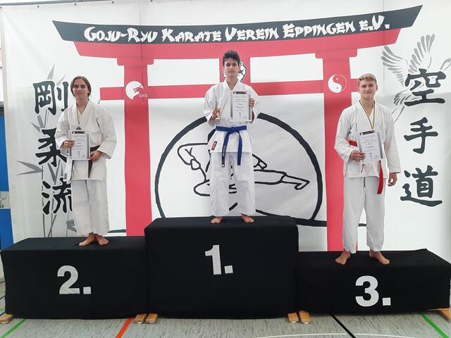 In der Kategorie "Kata Junioren / Leistungsklasse Herren" gingen alle drei Podiumsplätze an den Karateverein Eppingen: Johannes Geng (1. Platz), Adrian Richarz (2. Platz) und Jan Redemann (3. Platz)