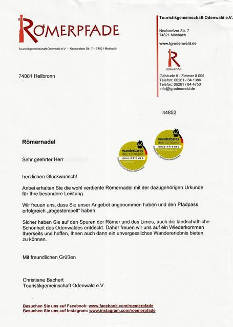 Sehr rasche Bearbeitung und Zusendung. Leider sind momentan nicht alle sechs Wanderer da, sodass die Aushändigung der Urkunden wohl bis zu unserer Weihnachtsfeier warten muss.