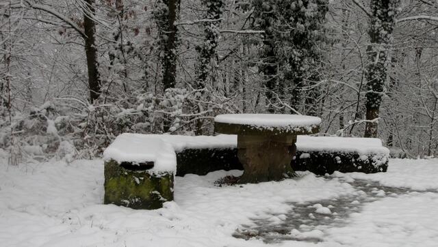 Oben beim Schweinsberg angekommen, lagen ein paar Zentimeter Schnee auf den Rastbänken