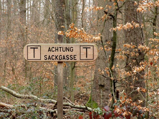 Wären wir alleine unterwegs gewesen, hätte uns gerade dieses Schild dazu verleitet dem nachzugehen.... warum braucht man im Wald eine Sackgasse?