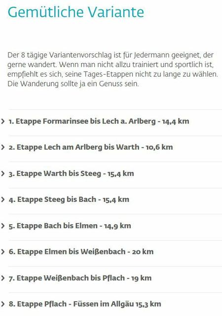 Unsere Wahl und Ausgangspunkte für Planung und Organisation waren diese "gemütliche" Variante ;-) | Foto: https://www.lechweg.com/de/weg/etappen-varianten/gemuetliche-variante/
