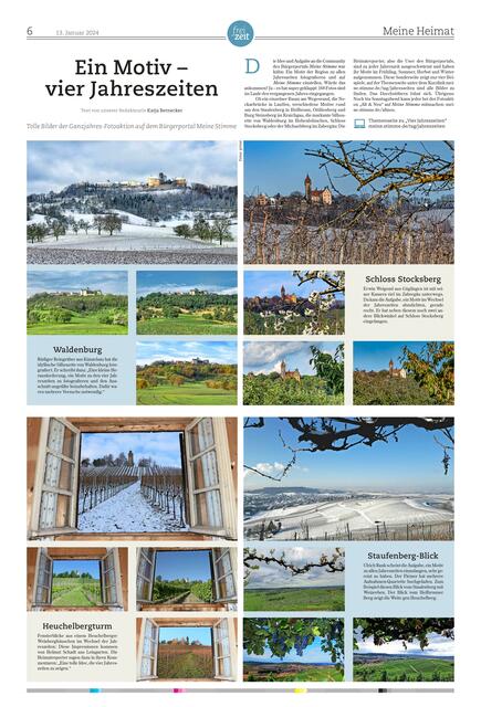 Aus den 168 hochgeladenen Fotos zur Ganzjahresmitmachaktion "Ein Motiv - vier Jahreszeiten" ist diese wunderschöne Sonderseite Meine Heimat in der Zeitung entstanden, die am 13. Januar erschienen ist. Leider haben nicht noch mehr der wunderbaren Motive drauf gepasst.  | Foto: HSt, Rüdiger Reingräber; Erwin Weigend, Helmut Schadt, Ulrich Rank