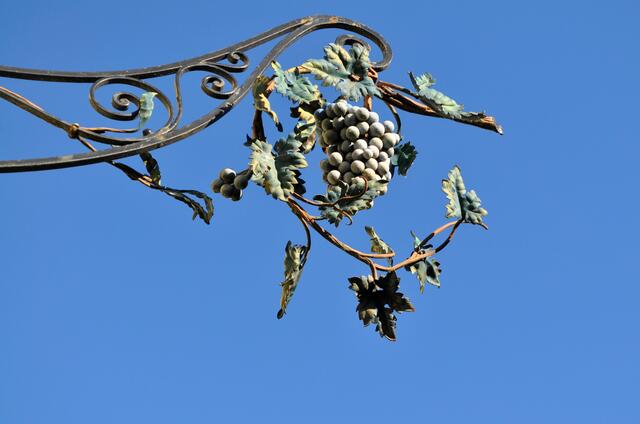 Schöne Schmiedearbeit. Nasenschild der ehemaligen Gaststätte "Traube". Die Schilder werden Nasenschilder genannt, weil sie rechtwinklig, wie die Nase aus dem Gesicht, vom Haus in den Straßenraum ragen.  | Foto: Daniela Somers