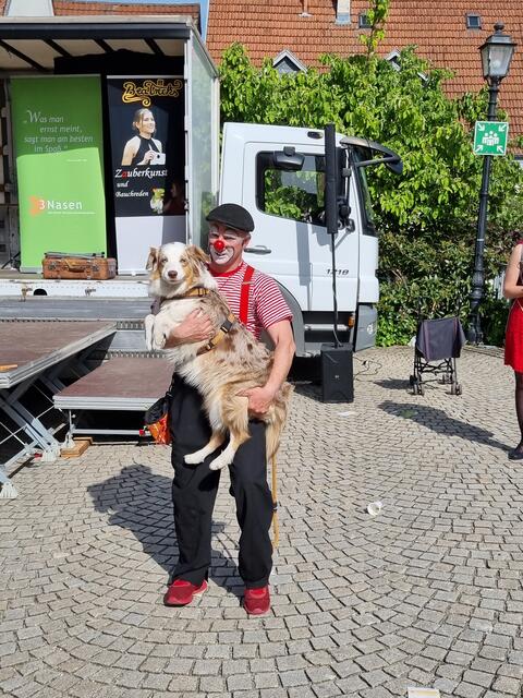 Die Kinder freuten sich über die Show von Mr. Kläuschen, dem Clown, hier mit seiner Hündin "Shy",  beim 1. Mai Familientag Brackenheim. | Foto: Jochen Baral