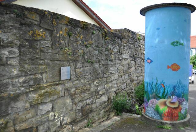 Ein Stück der alten Dorfmauer. Und die Litfasssäule gehört wohl auch zum Graffiti-Projekt des Jugendhauses, das sich zur Aufgabe gemacht hat Stromkästen und Litfasssäulen zu verschönern. | Foto: Daniela Somers