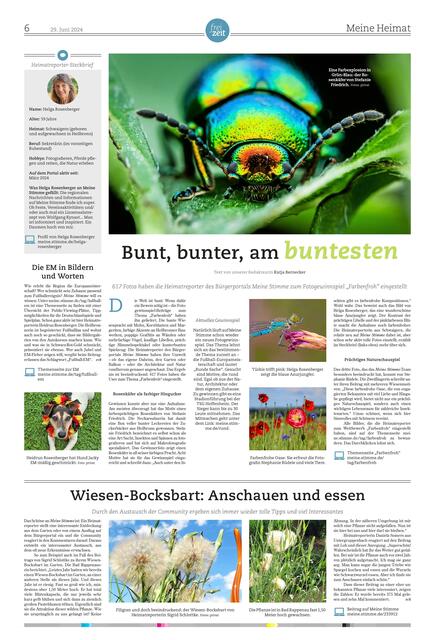 Diese bunte Meine Heimat-Seite ist am Samstag, 29. Juni, im Magazin der Zeitung zu finden. | Foto: HSt, Stefanie Friedrich, Helga Rosenberger, privat, Stephanie Rüdele,  Heidrun Rosenberger, Sigrid Schlottke