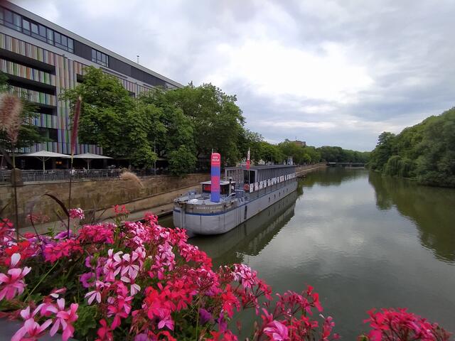Das Brückengeländer ist hübsch mit Geranien geschmückt. Von dort hat man einen schönen Blick auf den Neckar und die Gastro-Meile mit Marrahaus.  | Foto: sigischlottke