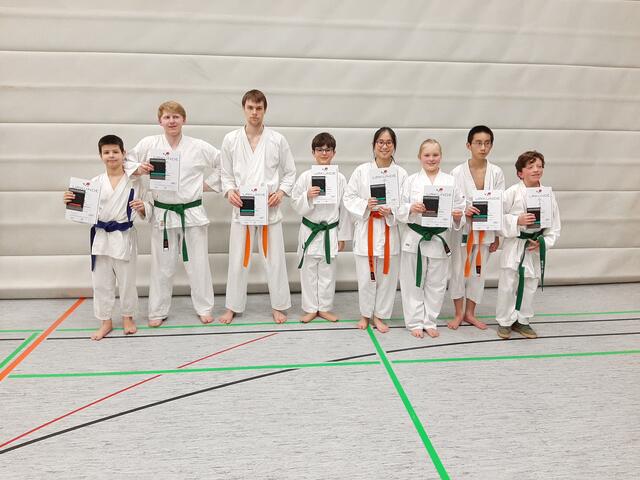 Nach erfolgreicher Gürtelprüfung in der Mittelstufe angekommen: (v.l.) Luka Colakovic (blauer Gürtel) sowie Nick Kübler, Nico Scholz, David Fichtner, Lan Nguyen, Lea Breitfeld, Thai Nguyen und Louis Lehnert (alle künftig mit grünem Gürtel)
 | Foto: Karateverein Eppingen