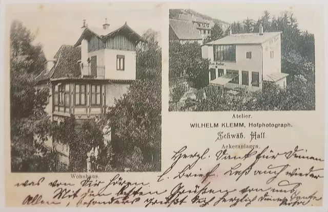 Postkarte von Wohnhaus und Atelier des Fotografen Wilhelm Klemm in Schwäbisch Hall

Foto auf S. 157 in "Das gute alte Hall", siehe Quelle 5 | Foto: Mit freundlicher Genehmigung des Verlages Haller Tagblatt