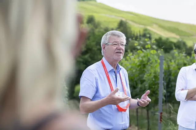 Weinerlebnisführer Hans-Peter Barz, ehemaliger Leiter des Grünflächenamts der Stadt Heilbronn, führt die Mitglieder und Freunde des Bürgervereins "Wir für Heilbronn e.V." am Wein Panorama Weg. | Foto: HMG/Maya Baum