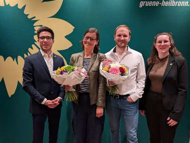 (von links) Kreisvorsitzender Colin Christ, Landtagskaniddatin Sibylle Riegger-Gnamm, Zweikandidat Maximilian Hellenbroich und Kreisvorsitzende Kyra Lenoudias | Foto: GRÜNE KV Heilbronn
