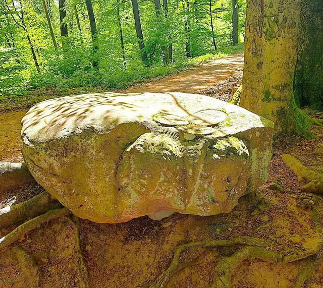 Beim "Dreimärker."  (3 eingemeißelte Münzen und zwei Gesichter) | Foto: Isolde Reitz
