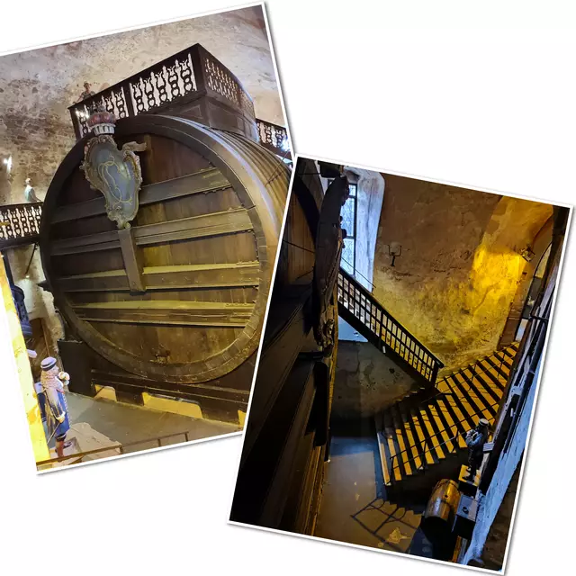 Dieses Fass heute fasst 220.000 Liter, das ursprüngliche war für den Zehnten-Wein aus der Pfalz gebaut worden und versorgte mit 130.000 Litern den angrenzenden Festsaal mit Wein. Die Statue im Vordergrund ist der trinkfeste Perkeo, ein Hofnarr aus Südtirol. | Foto: Aurelia Kling